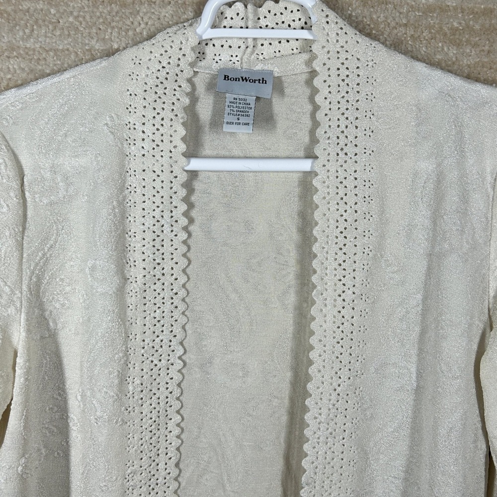 BonWorth Womens Coastal Grandma Paisley Eyelet Open Front Cardigan Cream Small